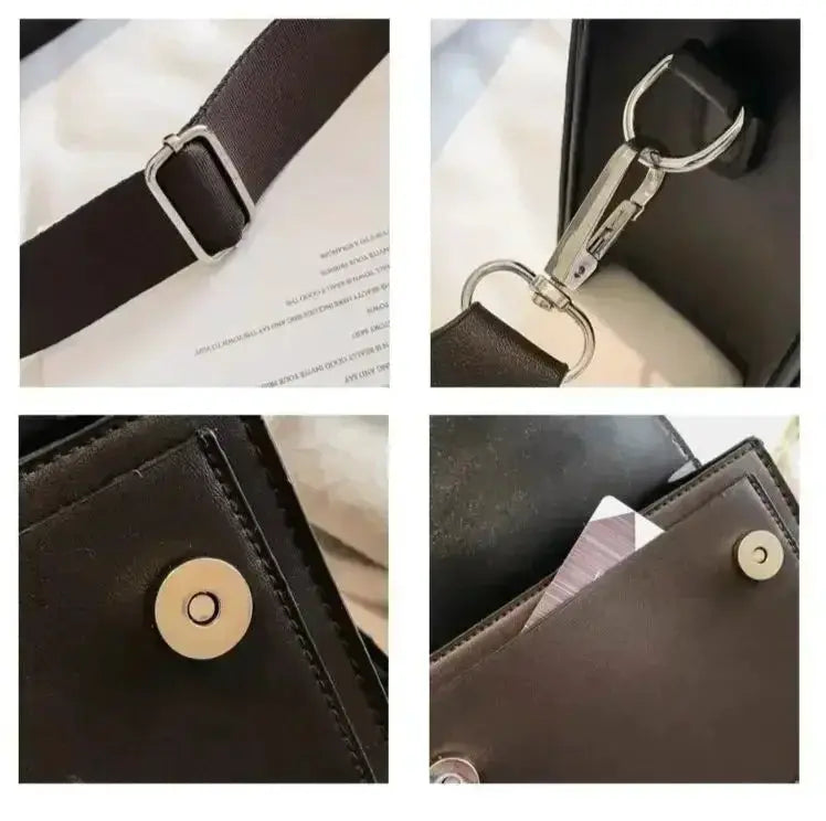 Womens PU leather crossbody bag, black with adjustable strap and metal hardware