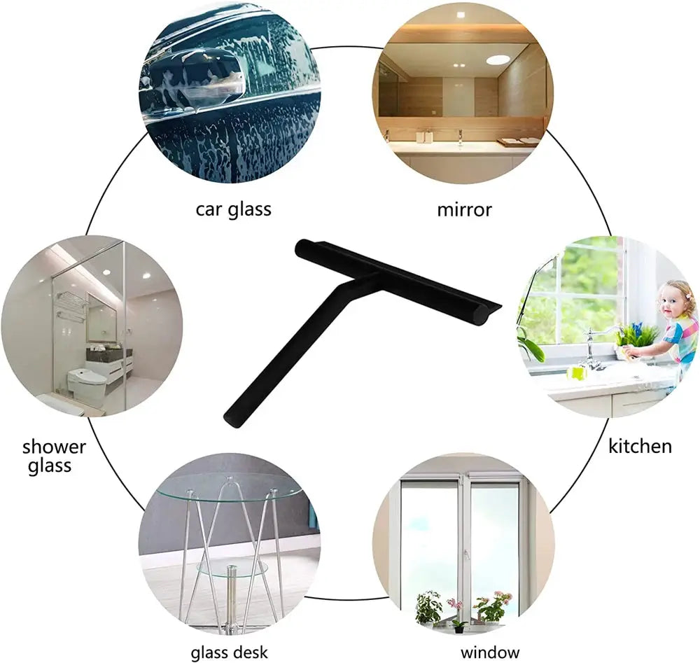 Shower squeegee by Simples Market with silicone holder, black plastic handle for glass doors and mirrors.