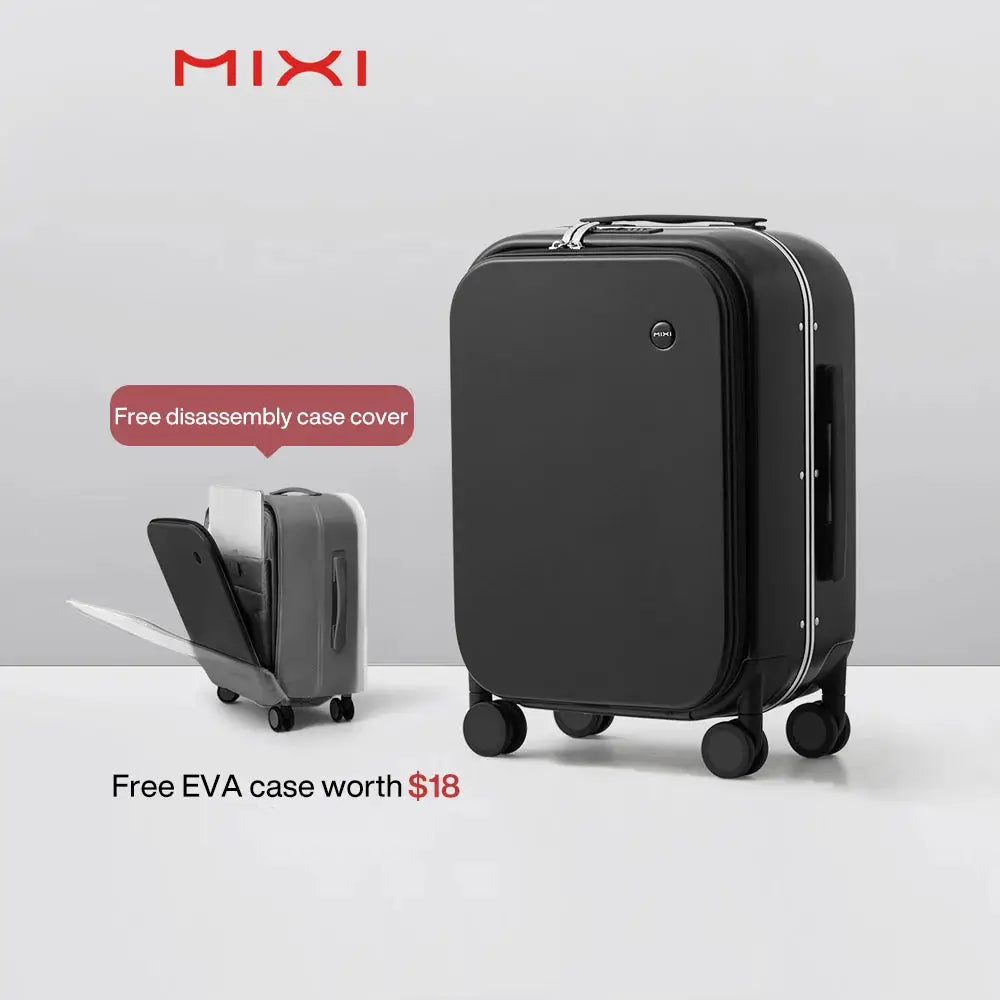 Mixi aluminum frame carry-on suitcases by Simples Market; black rolling luggage set (18/20/24-inch), two pieces shown
