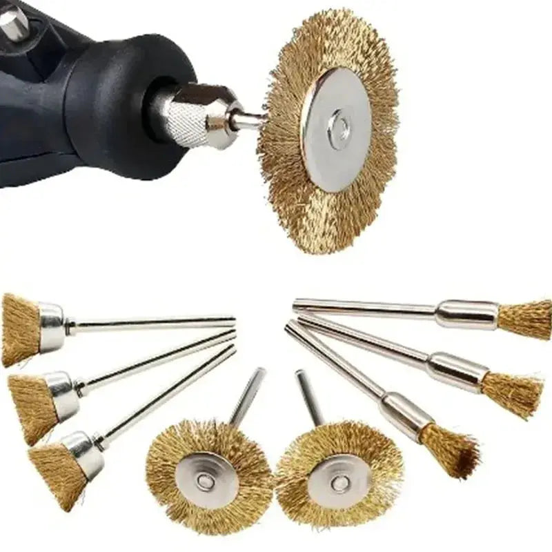 9 Piece Steel Wire And Brass Brush Rotary Tool Kit For Dremel Polishing Grinding And Cleaning