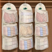 Three hanging mesh storage organizers; three-tier design for underwear and socks with white pockets, PERFECT GUOBAO.