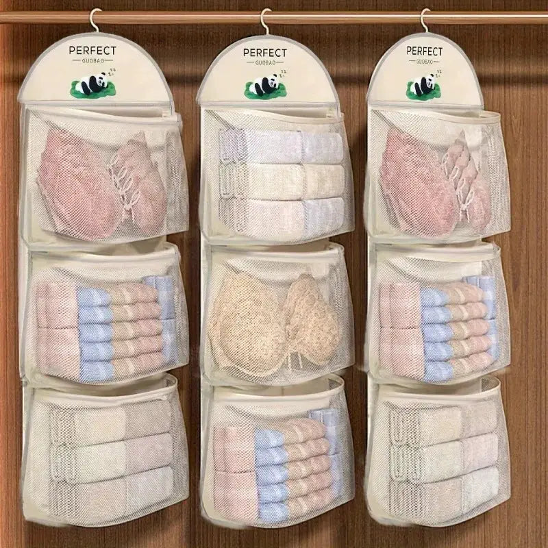 Three hanging mesh storage organizers; three-tier design for underwear and socks with white pockets, PERFECT GUOBAO.