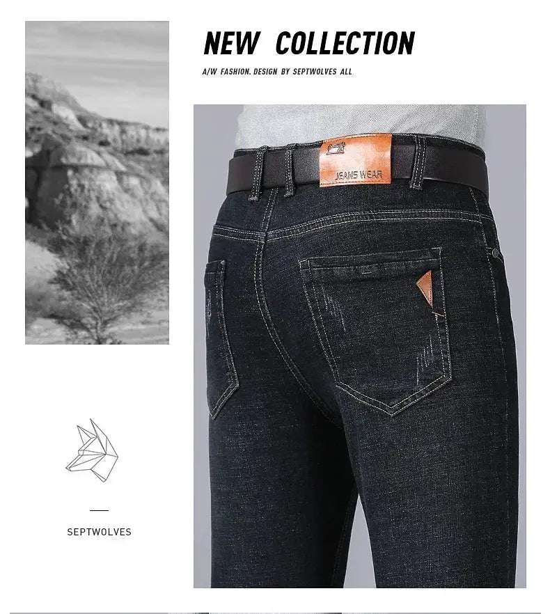 Men's dark denim straight jeans with brown leather patch on waistband and back pocket stitching, Septwolves.