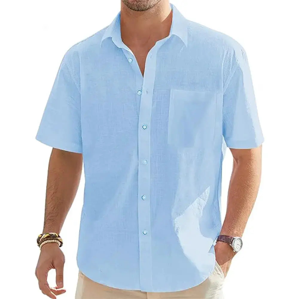 Men's light blue cotton-linen short-sleeve shirt with chest pocket, casual vacation top