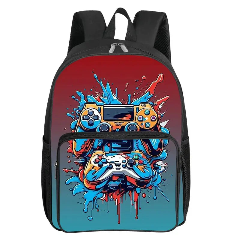 Backpack with GamePad pattern by Simples Market; front pocket shows colorful game controllers on a red-blue gradient.