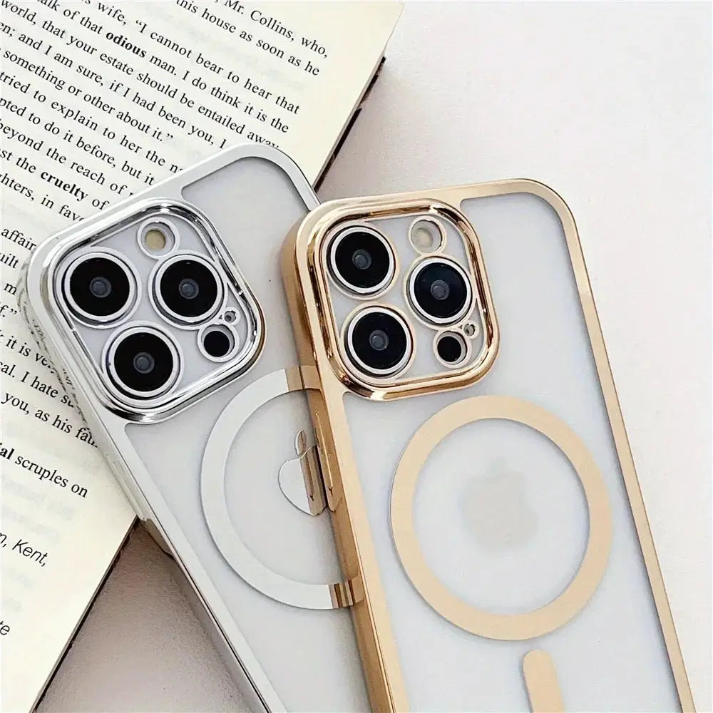 Crossboby lanyard plated iPhone case pair in silver and gold with MagSafe ring backs