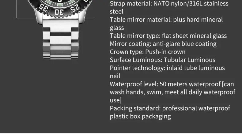 Addies Dive men's quartz watch with stainless steel band, black dial, rotating bezel, calendar, 50m water resistance