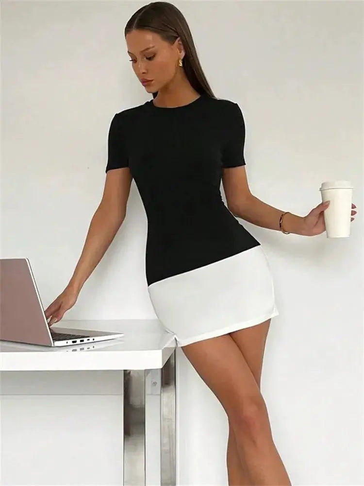 Tossy Summer Mini Dress High Waist Short Sleeve Bodycon Patchwork