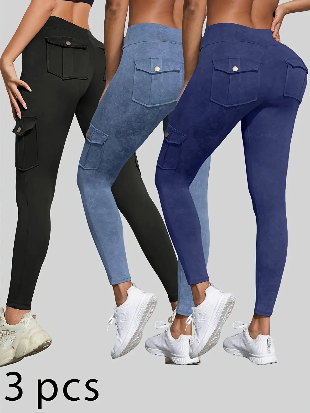 3-pc set of Simples Market washed print leggings with back pockets; women’s elastic butt-lifting tights in black, light blue, navy