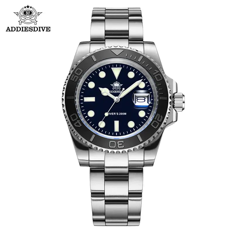 ADDIESDIVE men's stainless steel diver watch with blue dial, 200m water resistance, rotating bezel, and date magnifier