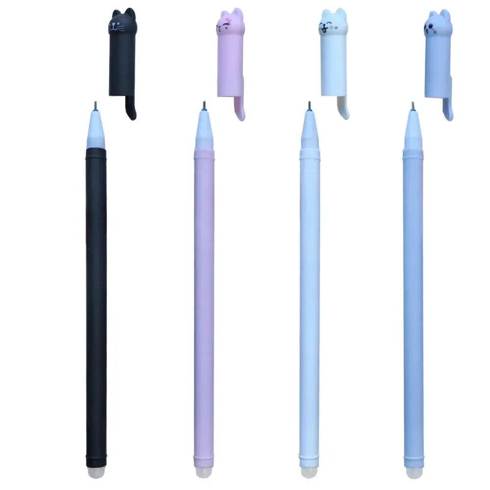 4-pack cat-themed erasable gel pens set with 0.5mm tips in black, lavender, light blue, and blue