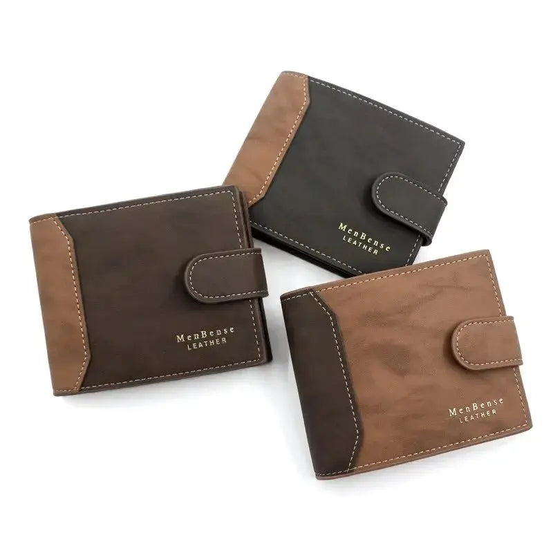 MenBense Leather PU leather wallet with strap closure and card holder, brown and tan set of 3