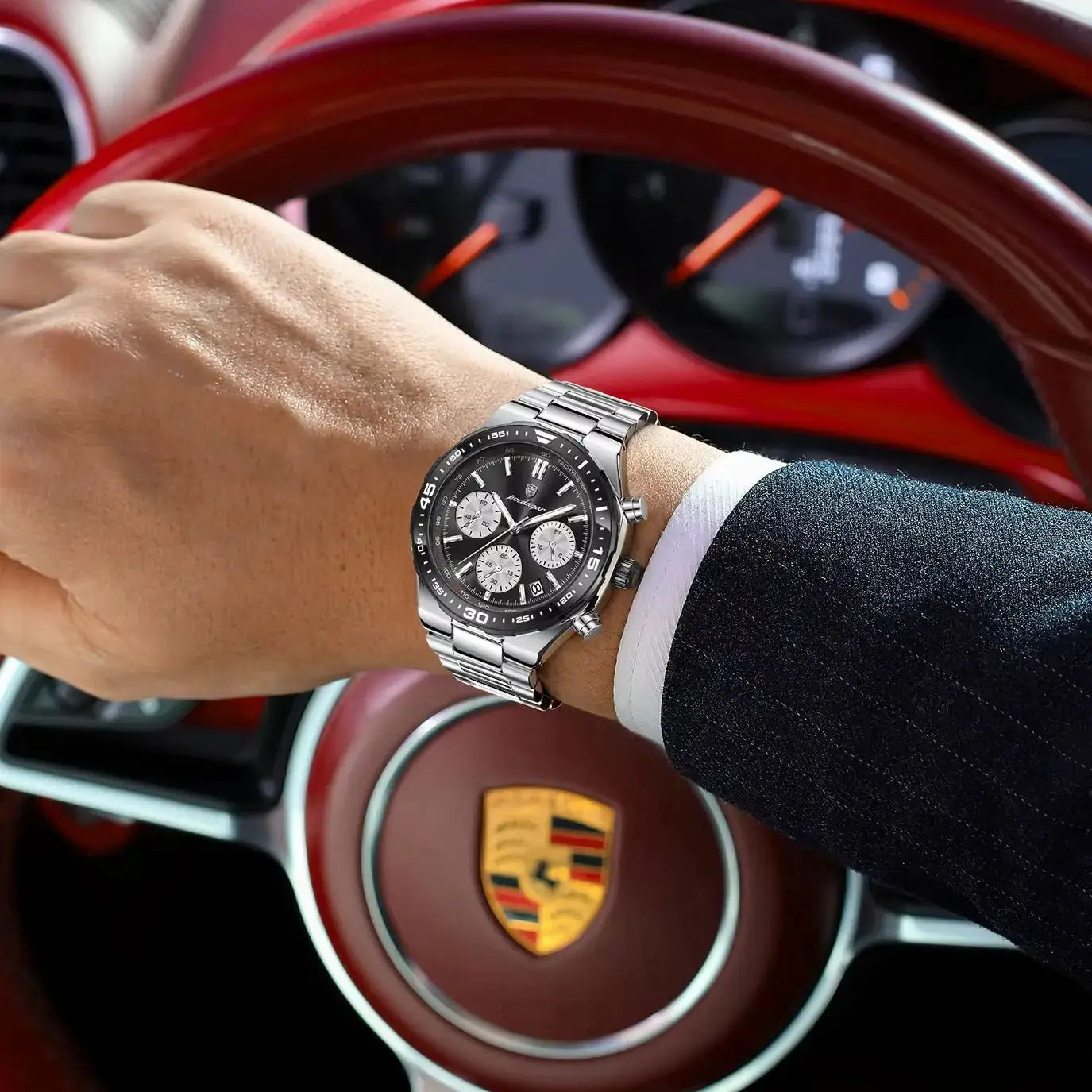 POEDAGAR fashion quartz men's stainless steel chronograph watch on wrist with black dial