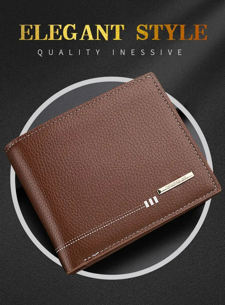 Brown lychee-pattern leather wallet for men with white stitching and slim profile.