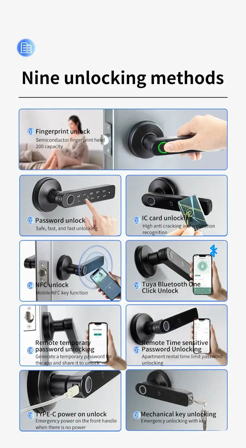 Simples Market wooden door lock with Tuya Bluetooth, fingerprint, password, NFC and mechanical key—nine unlock methods.