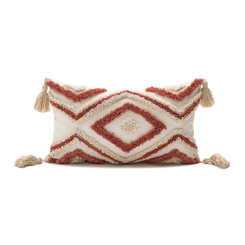 Decorative boho pillow cover, cream base with pink diamond tufting and tassels, 45x45 cm