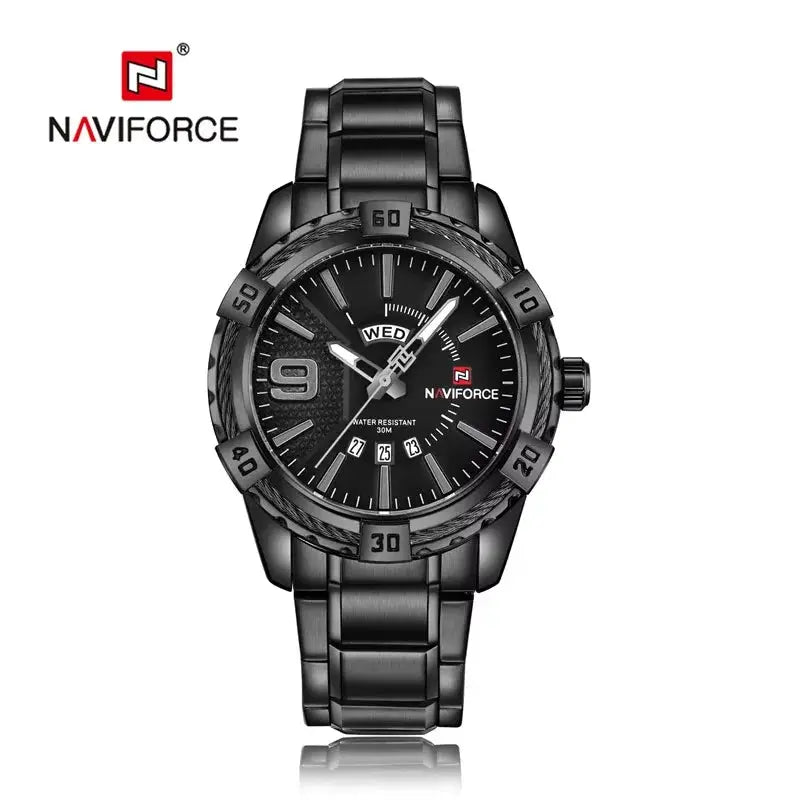 NAVIFORCE men's luxury black stainless steel wristwatch with day/date display and 30m water resistance