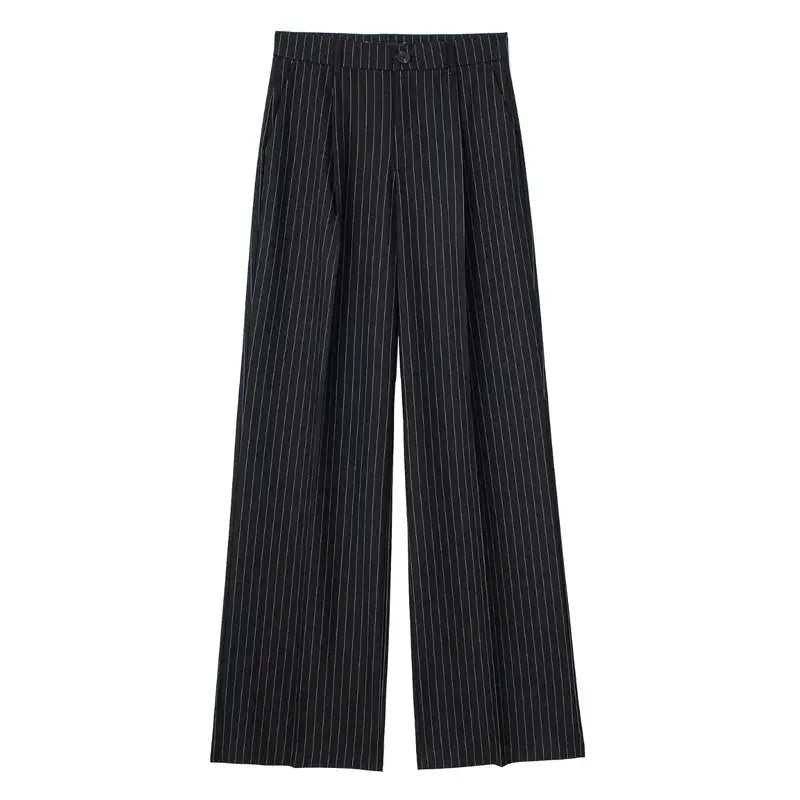 HXAO Women's Striped Grey and Black Wide Leg Formal Pants High Waist Baggy Trousers for Office
