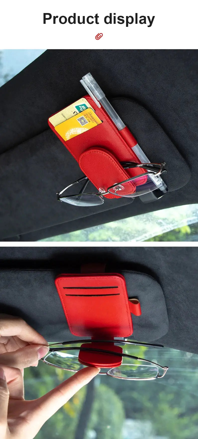 JFBONIN red leather car sun visor sunglasses holder with magnetic clip, card slots and pen holder