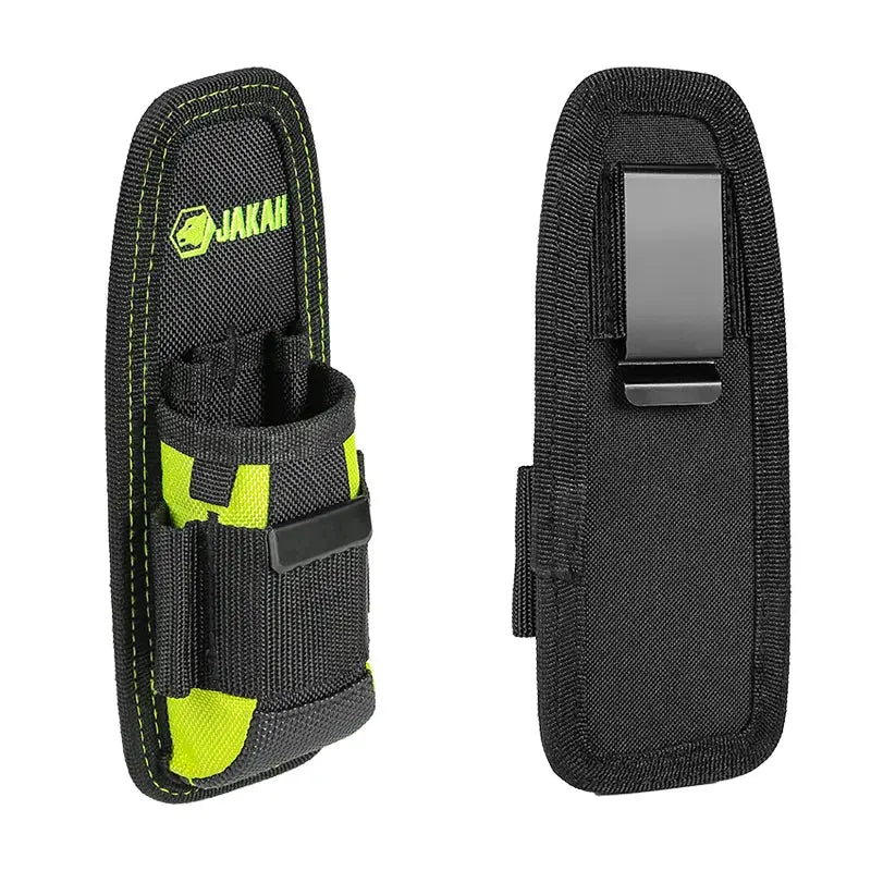 Jakah small tool holder; compact work organizer pouch with knife holder and snap clip, black with lime accents