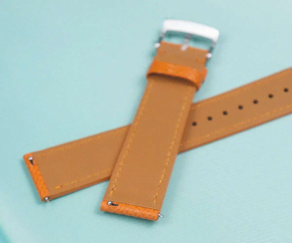 Cronos GS tan birch-pattern leather watch strap with brushed metal buckle, two-piece set by Simples Market