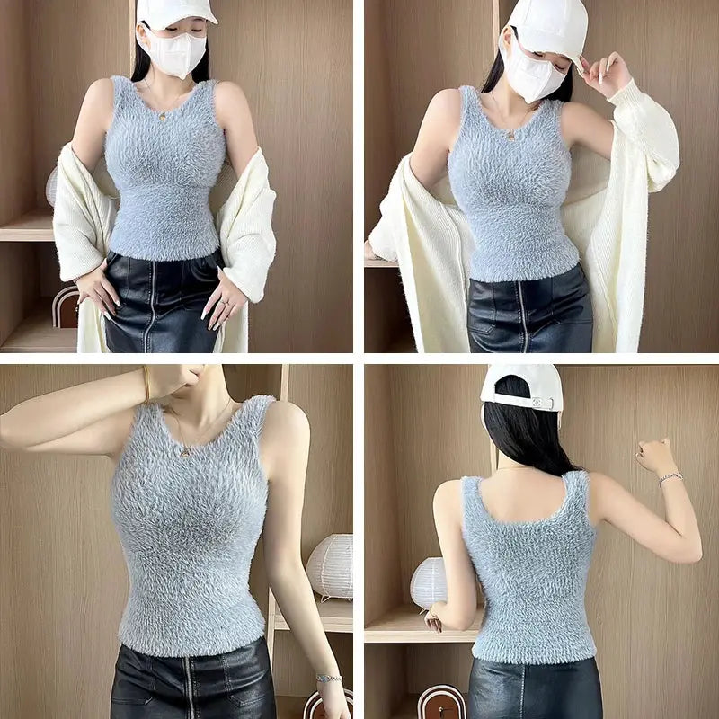 Women's light blue plush fleece tank top with wide straps; warm thermal camisole.