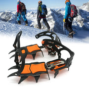 Simples Market 12-Tooth Ice Crampons with orange pads and stainless steel spikes