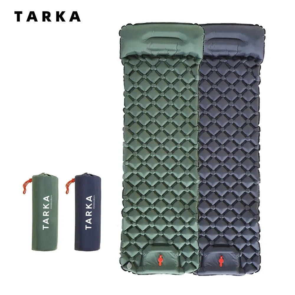TARKA inflatable camping mats with pillow; two green and blue self-inflating sleeping pads by Simples Market.