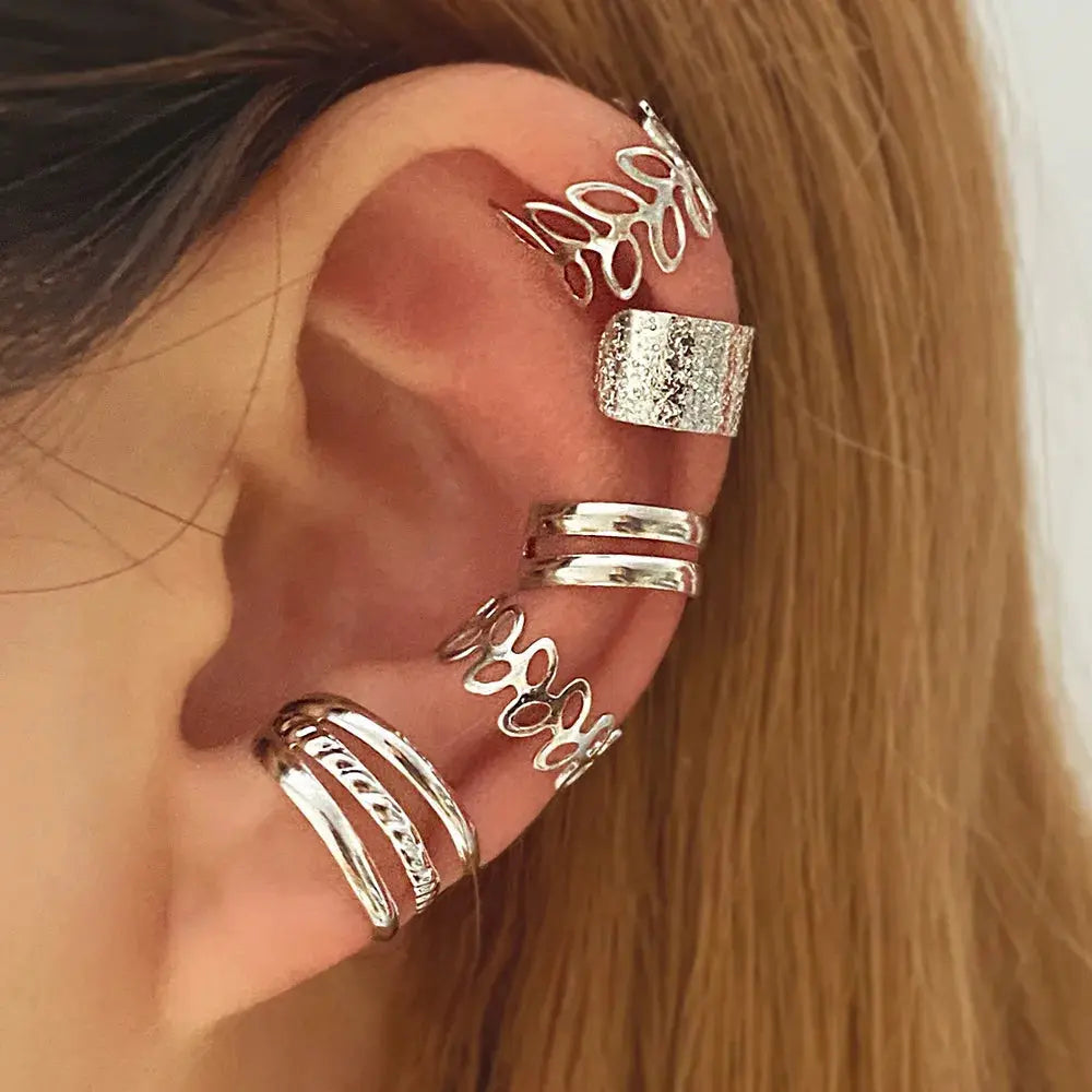 5 Piece Set Retro Leaf Geometric Ear Cuffs Non Piercing Ear Clips Unisex Boho Summer Jewelry