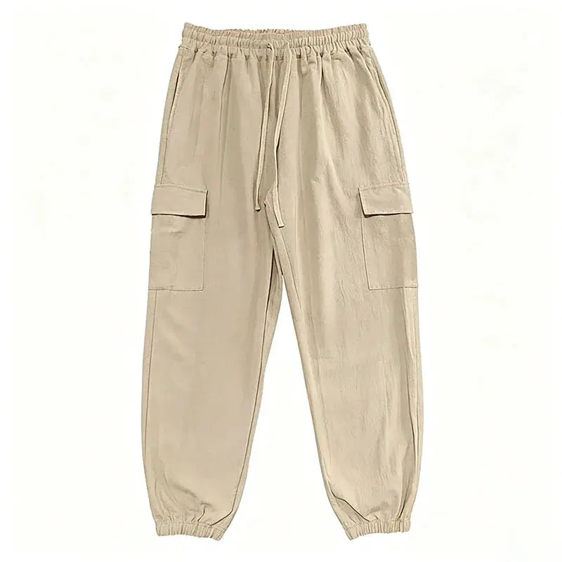 Men's cargo jogger pants by Simples Market; beige cotton-linen blend with elastic waist, drawstring, and cargo pockets.