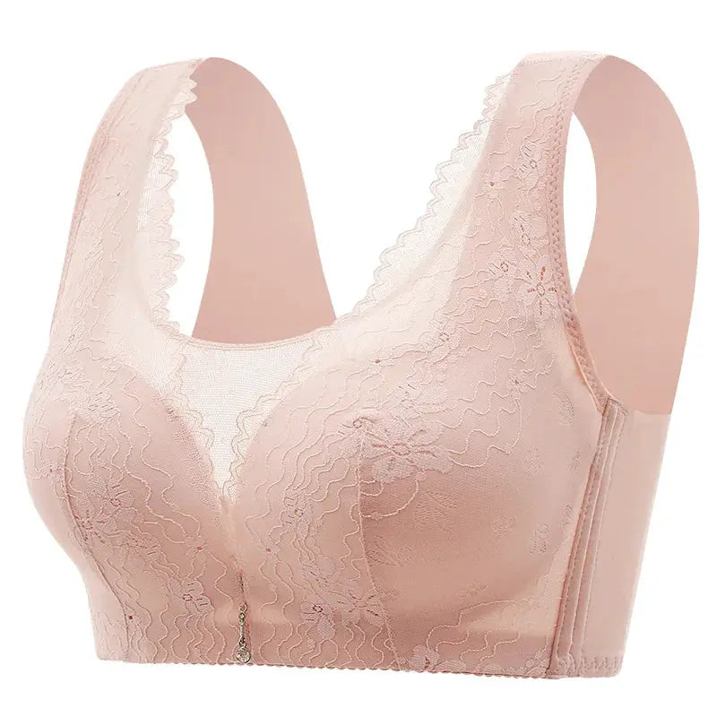 Non-underwire lace bra in pale pink with wide straps and floral pattern