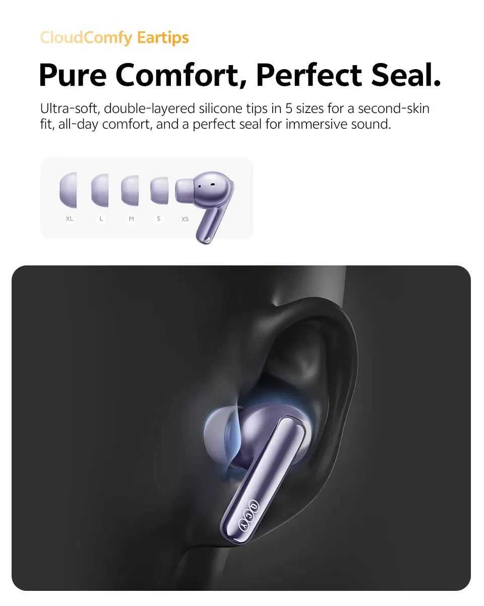 QCY MeloBuds N70 wireless earbuds in metallic purple with adaptive ANC