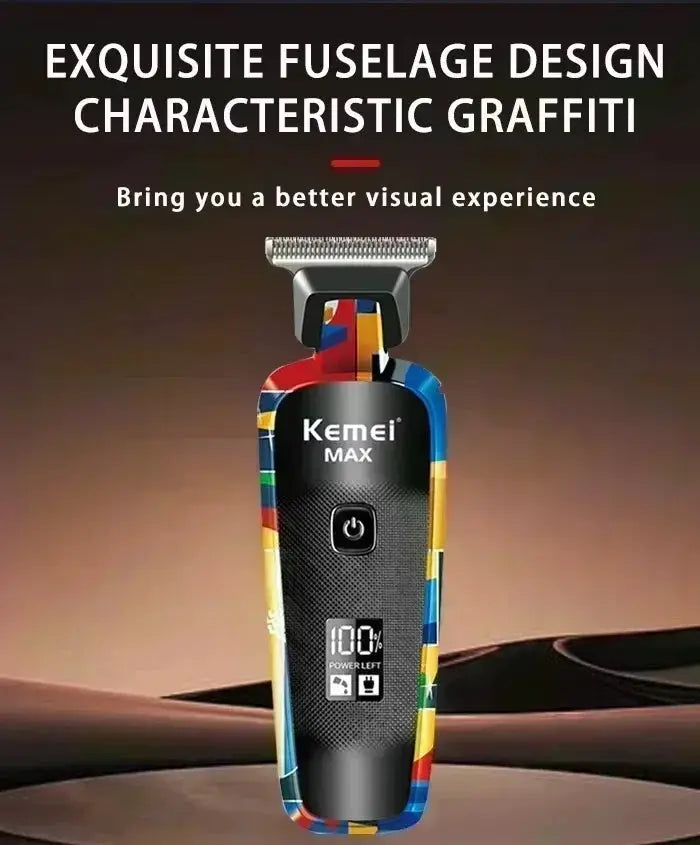 Kemei MAX rechargeable cordless hair clipper with colorful graffiti-pattern body and digital display