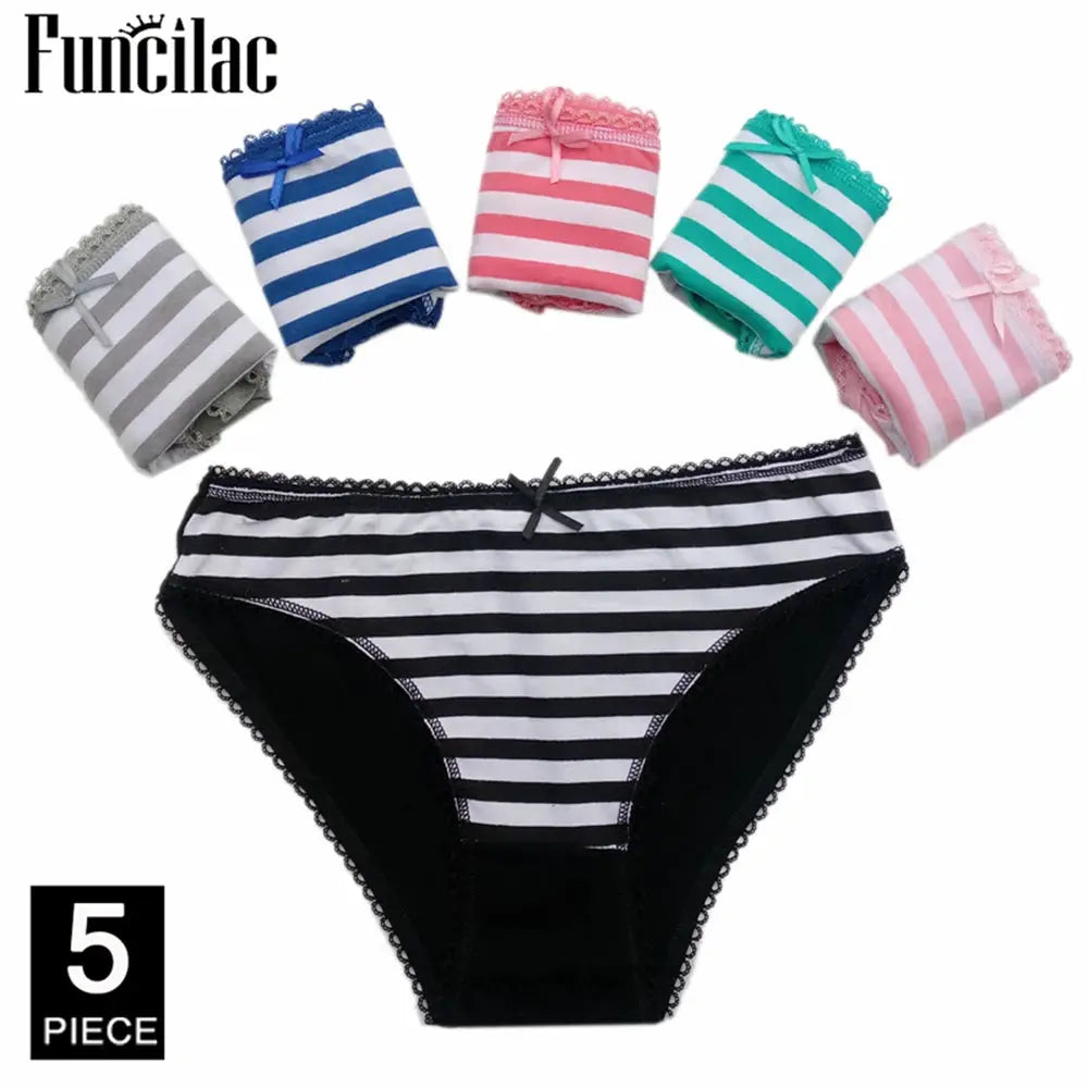 Funclac 5-piece striped soft cotton lace-trim women's panties set bikini briefs