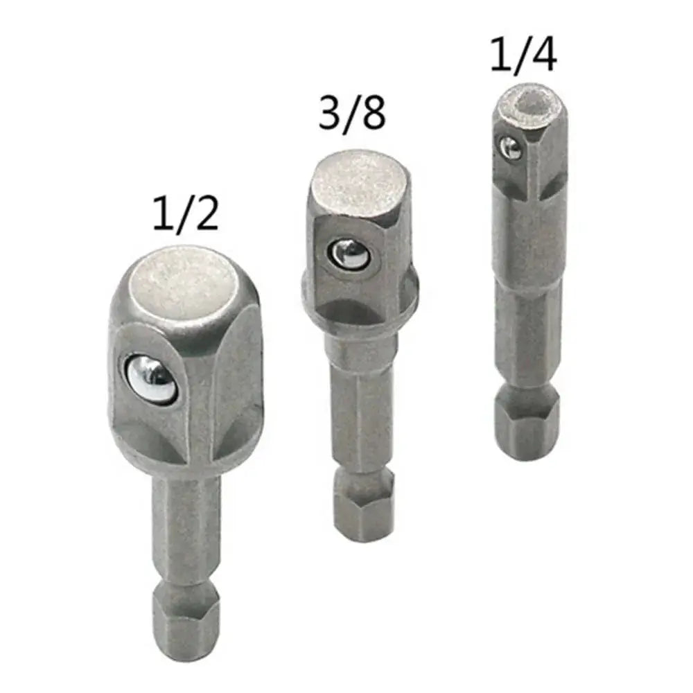 Three Piece Drill Socket Adapter Set Hex Shank To Square Drive For Impact Drills 1/4 3/8 1/2 Inch