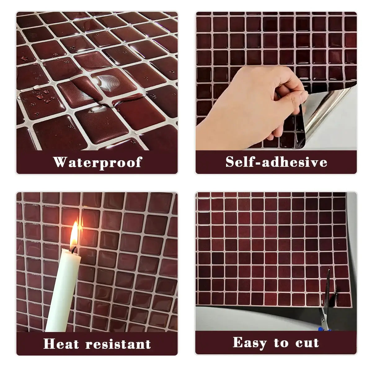 Simples Market 10/30-piece burgundy self-adhesive mosaic wall tile set, 10.5 x 10.5 inches, 3D square pattern