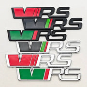 Set of 6 3D metal VRS badge emblems for Skoda RS; front grille, fender and trunk badges in red, green and chrome.