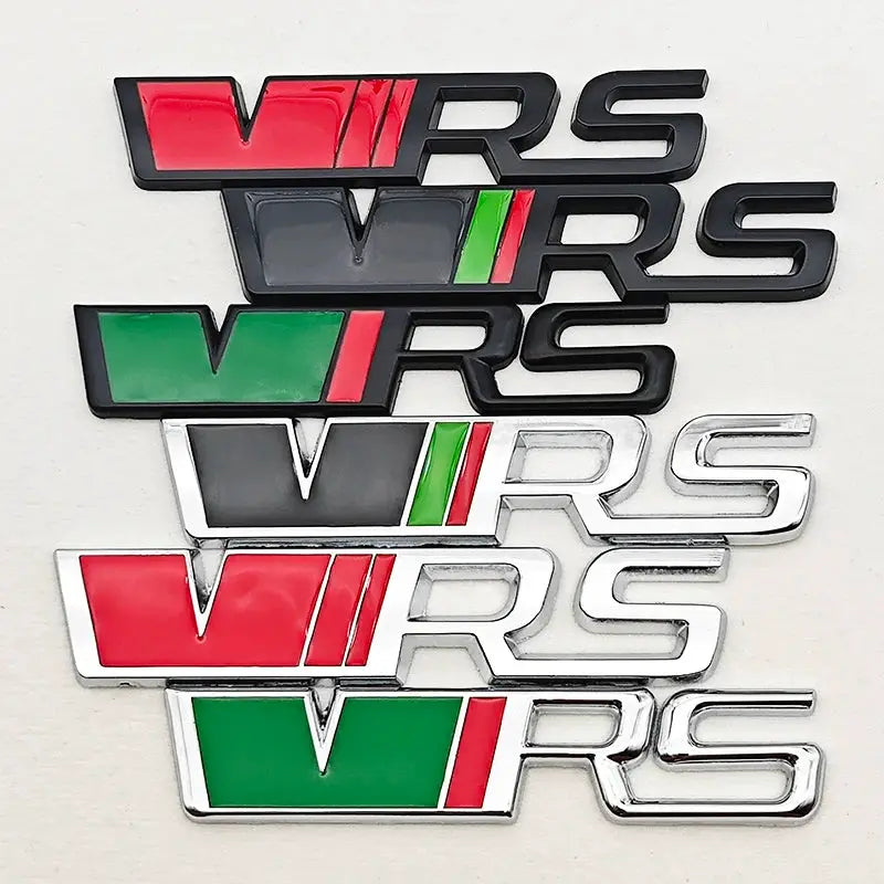Set of 6 3D metal VRS badge emblems for Skoda RS; front grille, fender and trunk badges in red, green and chrome.