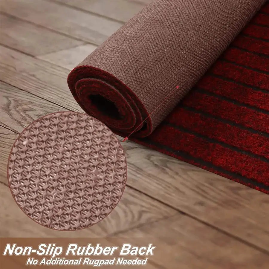 Simples Market polyester striped kitchen floor mat with non-slip rubber backing, red-brown tones