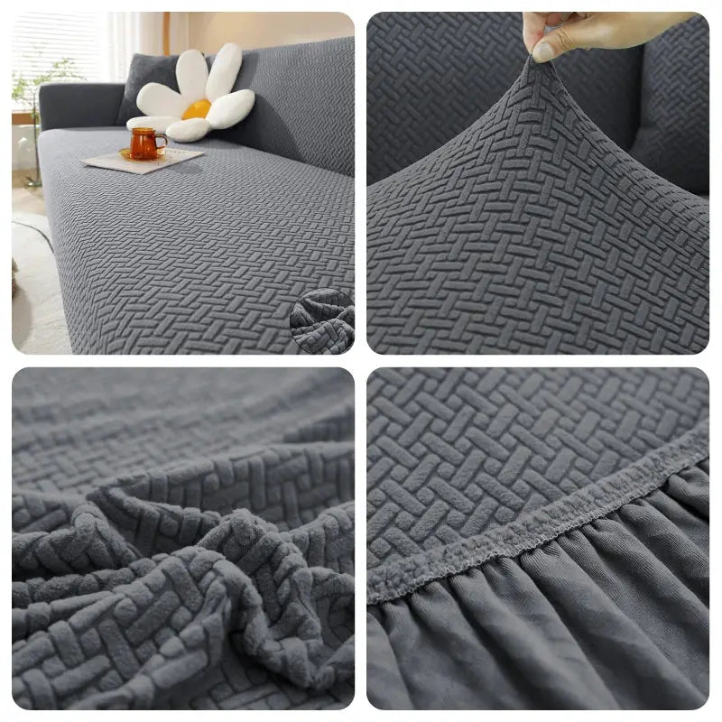Elastic jacquard fabric sofa cover for sectional L-shaped couches in gray.