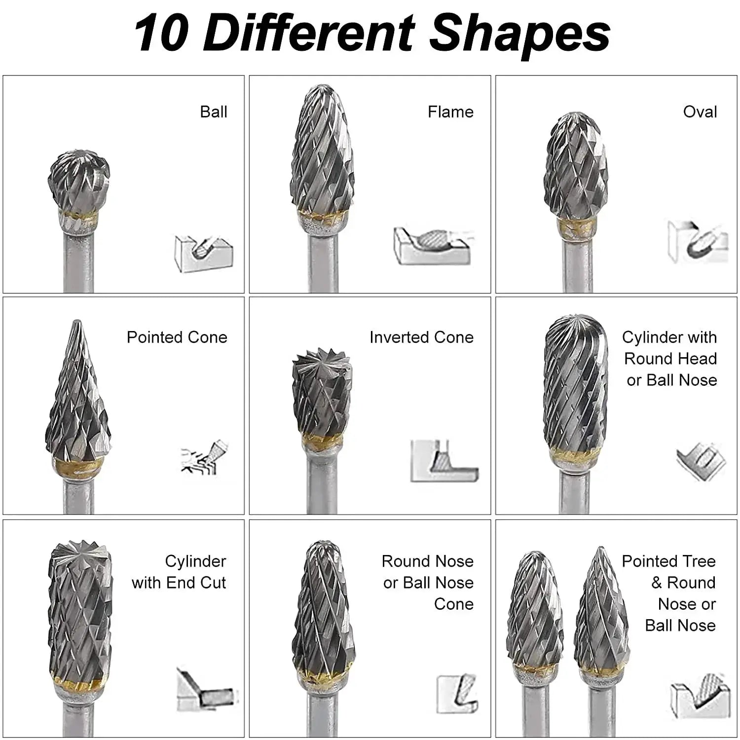 10 Pieces Double Diamond Cut Rotary Carving Burr Bits For Wood Metal Engraving And Shaping For Electric Rotary Tool