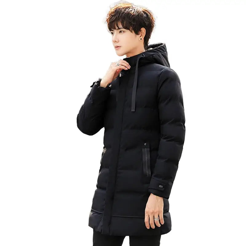 Men's mid-length black cotton-padded hooded jacket for winter, warm outerwear