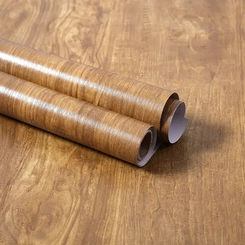 Two vinyl self-adhesive wood wallpaper rolls with brown wood grain finish for walls and furniture, Simples Market