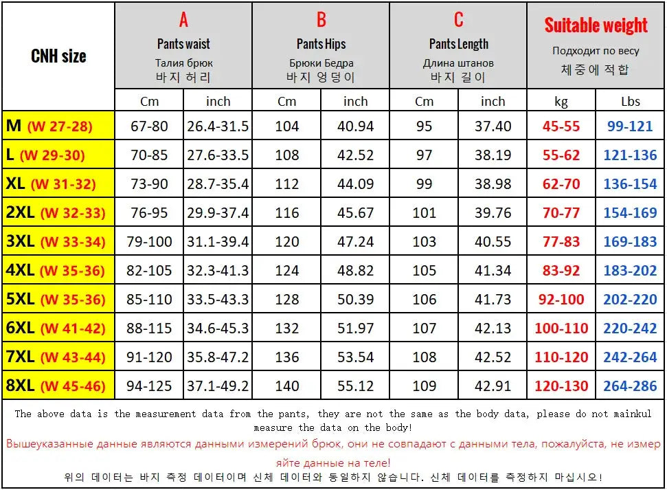 Men's sweatpants size chart by Simples Market showing waist, hips and length up to 8XL
