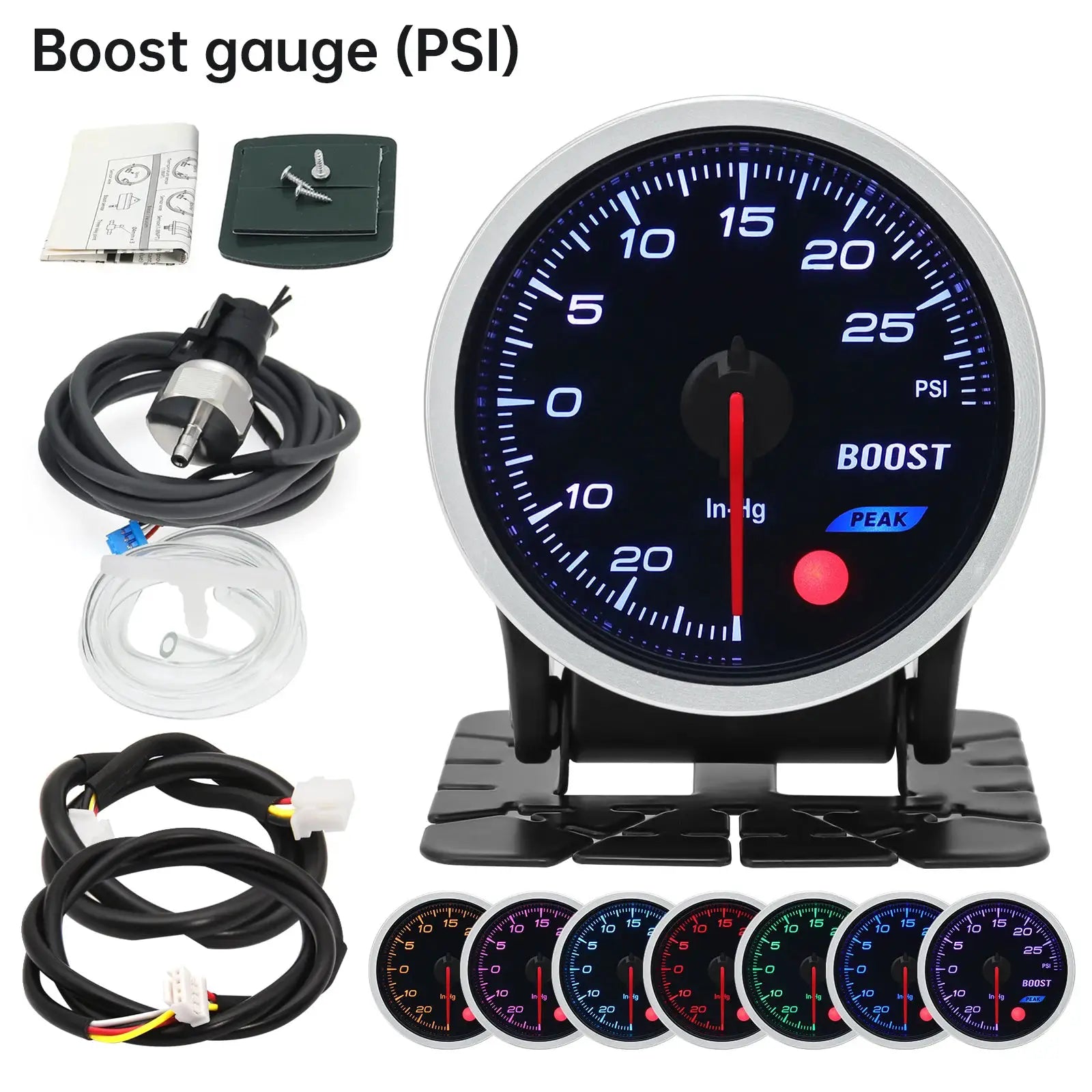 52mm 8-color racing gauge kit by Simples Market with oil pressure, water temp, EGT, exhaust temp, boost tachometer
