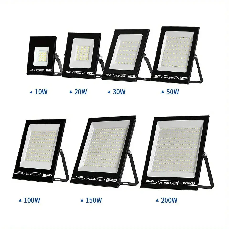 Simples Market LED flood lights, waterproof IP67, 7 sizes (10–200W) for outdoor black wall lighting
