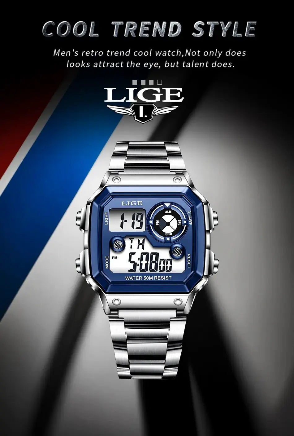 LIGE men's digital sport watch with stainless steel band and blue bezel, 50m water resistant.
