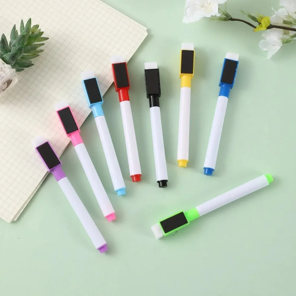 8-piece set of small whiteboard eraser-style dry-erase pens with colored caps in eight colors