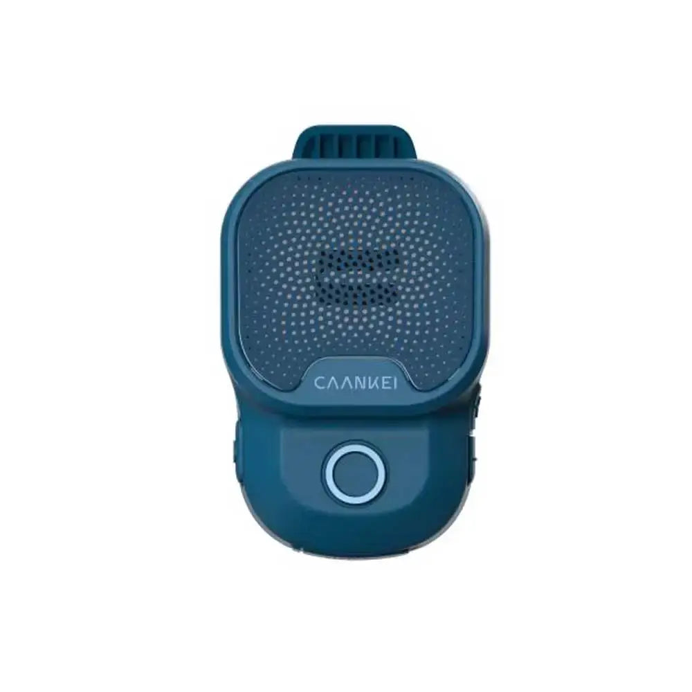 Wearable blue Bluetooth speaker with clip-on design and circular control button.