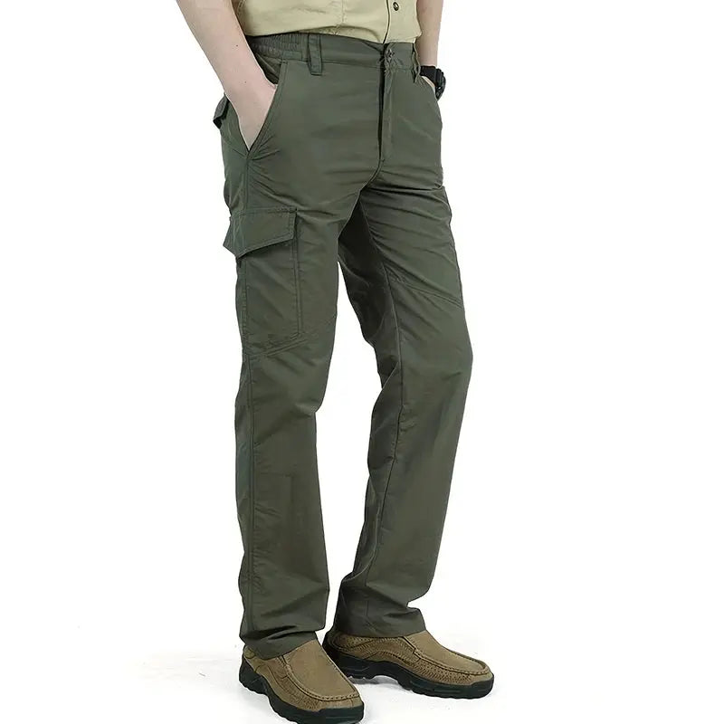 Men's olive green cargo pants with multiple pockets, quick-dry breathable fabric for outdoor hiking